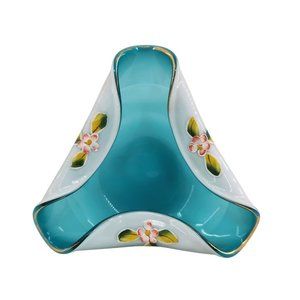 Vintage Teal Blue Ruffle Candy Bowl Dish Folded Edge Glass Compote Dish Ruffle